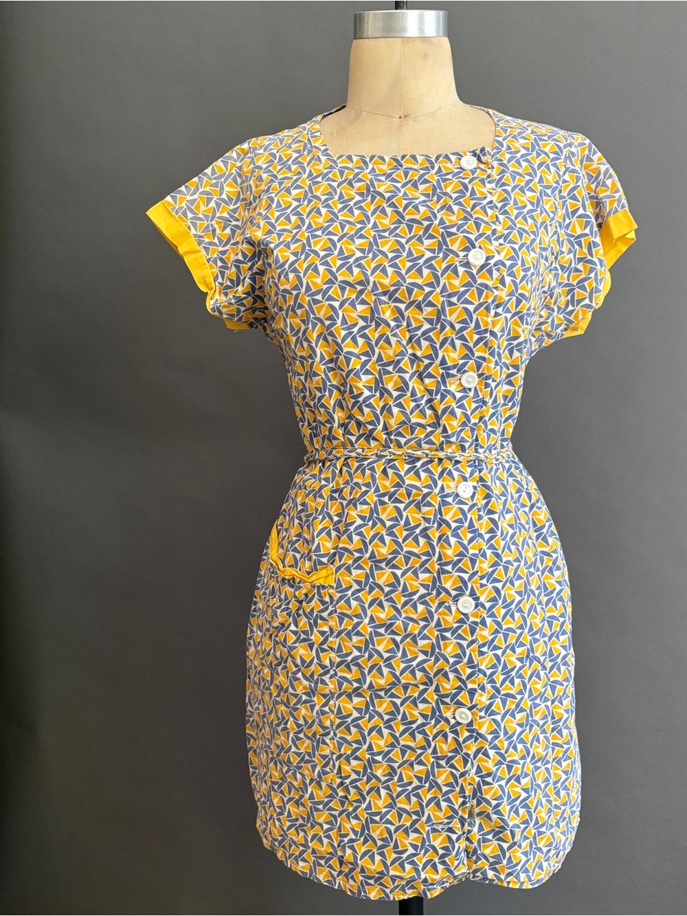 Yellow & Blue Geometric Button-Front Women's Dress